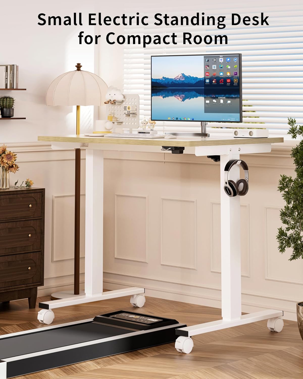 Okin Small Electric Standing Desk, 36" x 24" Whole Piece Height Adjustable Desk, Oak Sit to Stand Computer Workstation with Wheels for Home Office