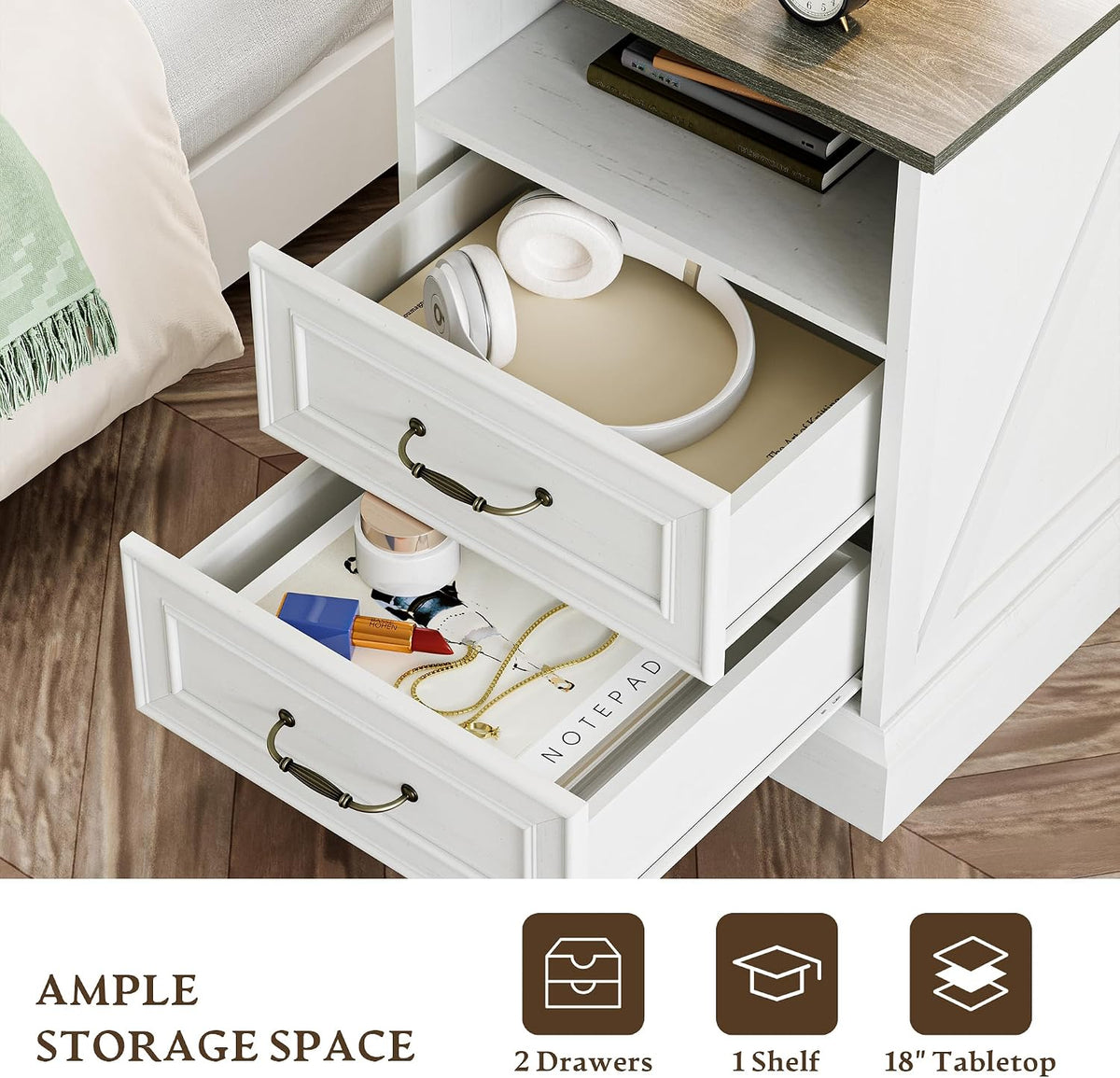 Xixini Tall Nightstand with Charging Station, Farmhouse White Bedside Table