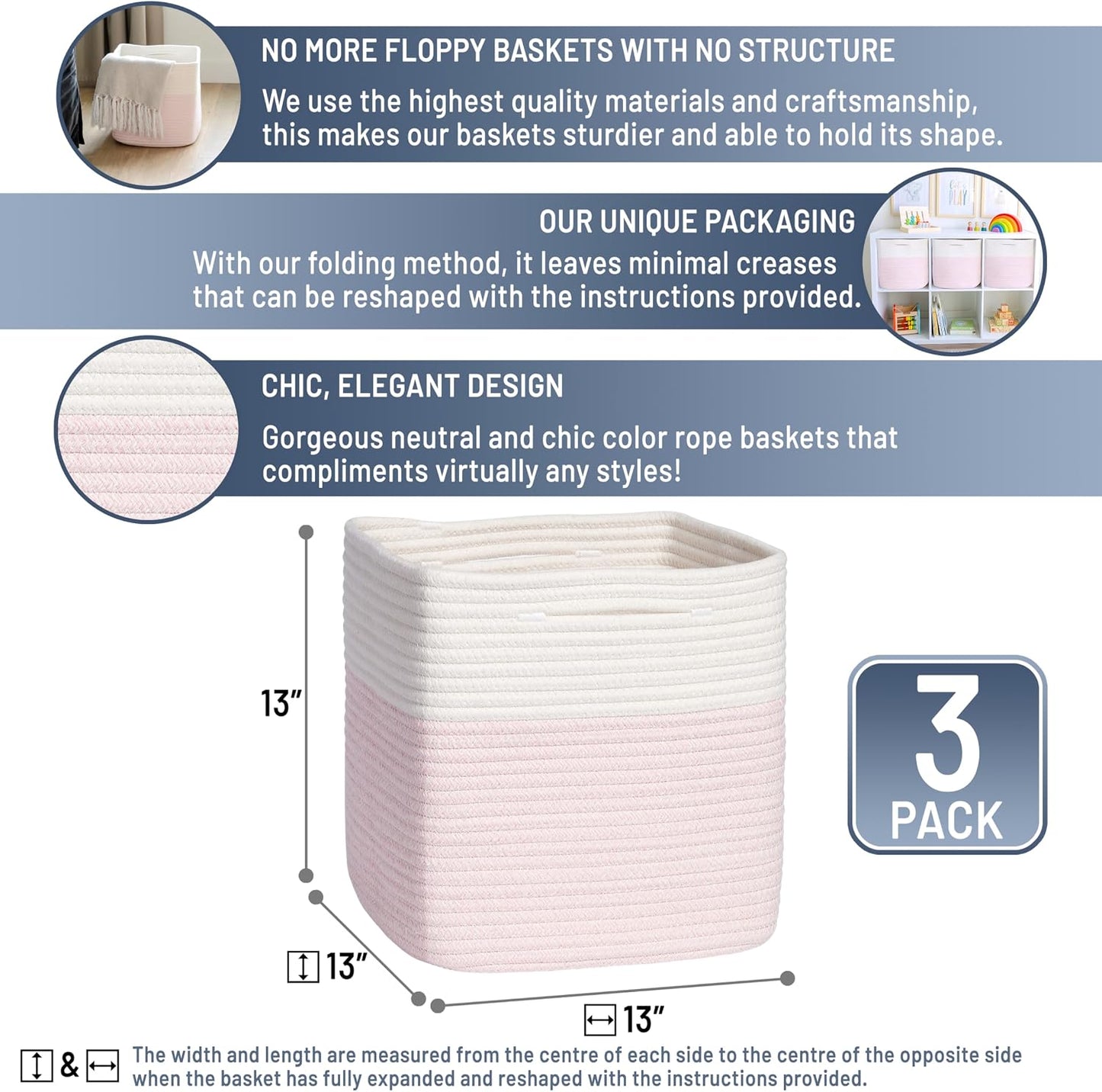 NaturalCozy 13 Inch Cube Storage Bins Cotton Rope Woven Baskets for Organizing 3-Pack | 13 x 13 Storage Cubes | Fabric Square Storage Baskets for Shelves Organizer, Kids Toy Bins, Closet Baby Nursery