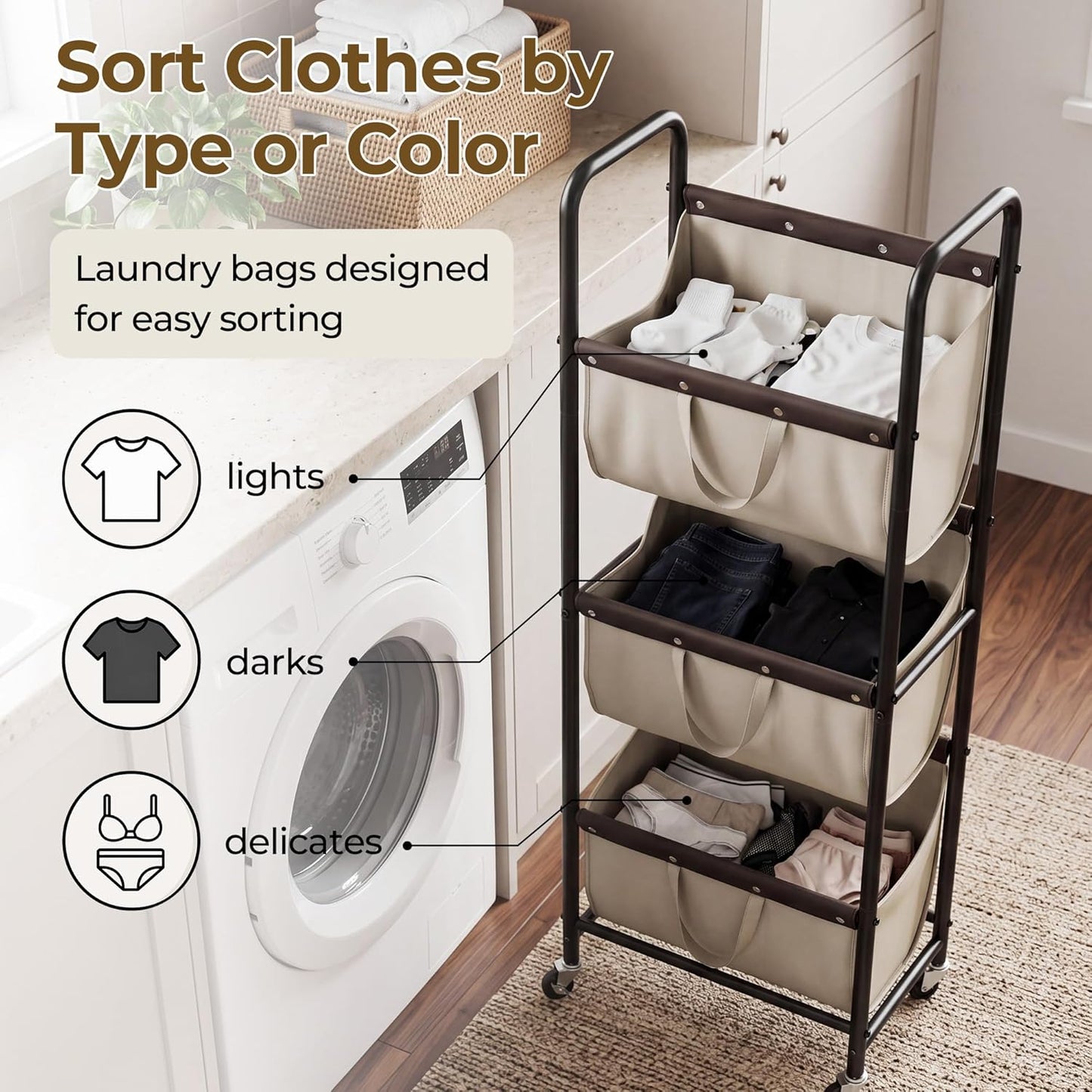 GRANNY SAYS 3 Section Tiered Laundry Sorter, Slim Vertical Laundry Hamper with Wheels, Narrow Rolling Laundry Cart with Removable Bags for Laundry Room, Bathroom, Closet, Dorm, Light Khaki