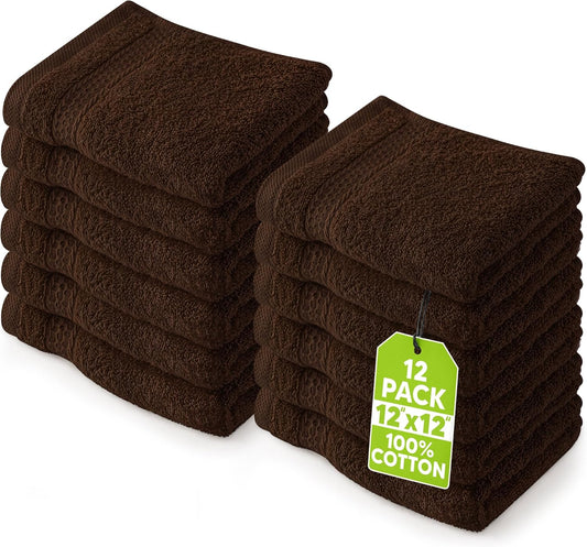 Utopia Towels 12 Pack Premium Wash Cloths Set, 12 by 12 Inches, 100% Cotton Ring Spun, Highly Absorbent and Soft Feel Essential Washcloths for Bathroom, Spa, Gym, and Face, Dark Brown