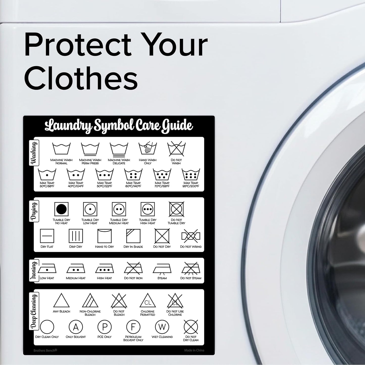 Farmhouse Laundry Symbols Magnet, 8x10 Laundry Symbols Chart, 39 Icons for Clothing Care Guide, Laundromat Care Symbol Wall Art for Home, Washing Room Sign Chart, Laundromat Room Organization & Decor