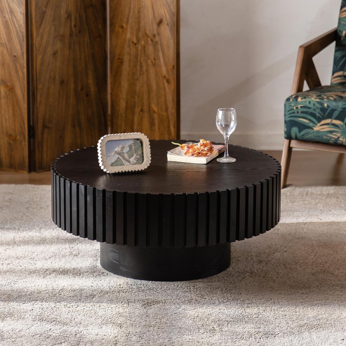 Black Round Fluted Coffee Table for Living Room (31" Round Black) | Handcrafted Relief, Circular Wood Drum Coffee Table, for Office Outdoor