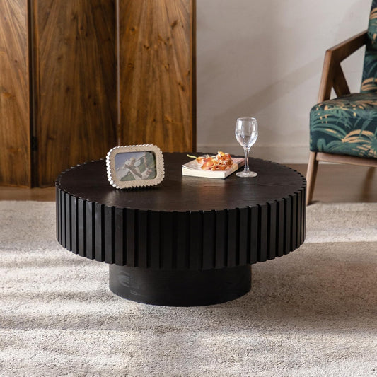 Black Round Fluted Coffee Table for Living Room (31" Round Black) | Handcrafted Relief, Circular Wood Drum Coffee Table, for Office Outdoor