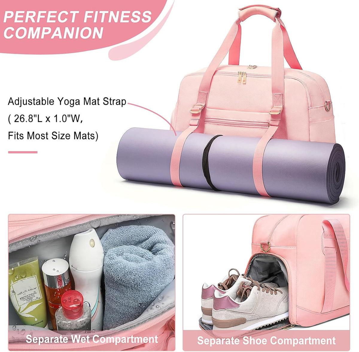 Sports Gym Bag for Women, Travel Duffle Bag with Shoe Compartment & Wet Pocket, Fitness Yoga Bag
