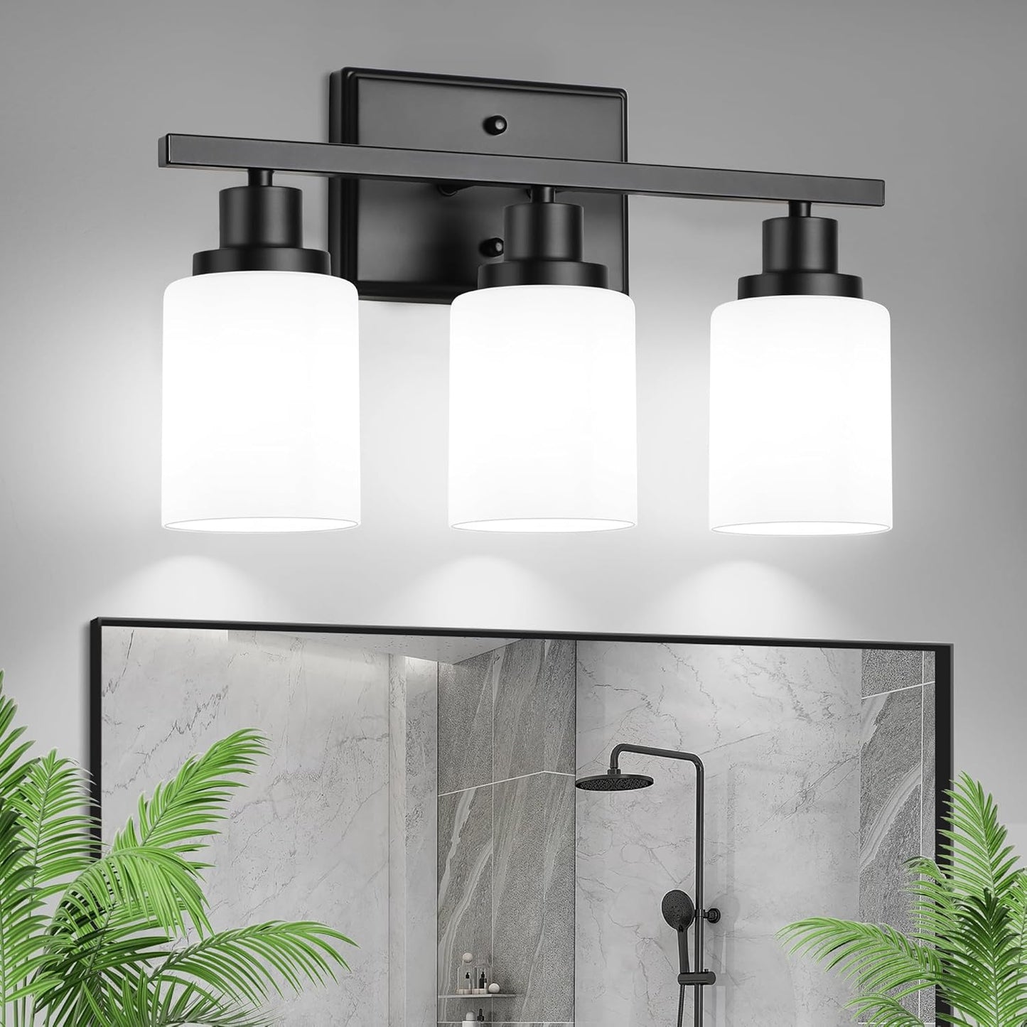 Ascher Bathroom Light Fixtures, 3-Light Vanity Light Over Mirror, Modern Matte Black Wall Sconces with Milky White Shades, Wall Lamp for Kitchen Hallway Cabinet Porch E26 Base