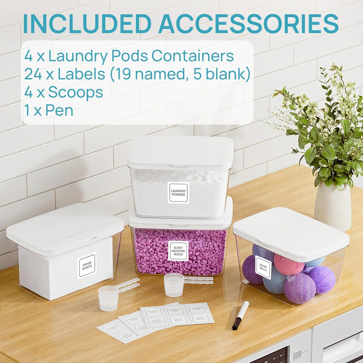 Vtopmart 4 Pack Laundry Pods Container and Dryer Sheet Holder, Detergent Powder Container with Lids &Labels & Scoop for Laundry Room Organization, Laundry Storage for Powder, Pods, Scent Booster Beads