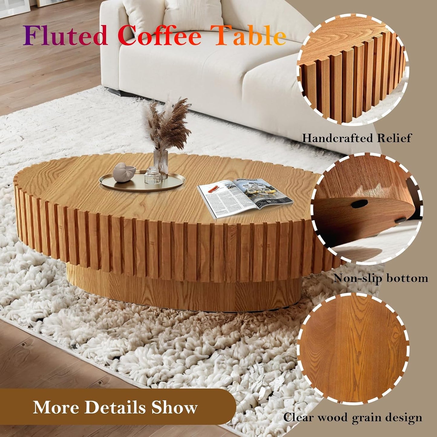 Handcraft Fluted Coffee Table with Sturdy Pedestal (Oval Wood 43.3in) | 43.3" Oval Drum Center Tables | for Living Room Apartment Farmhouse | Easy to Assembly