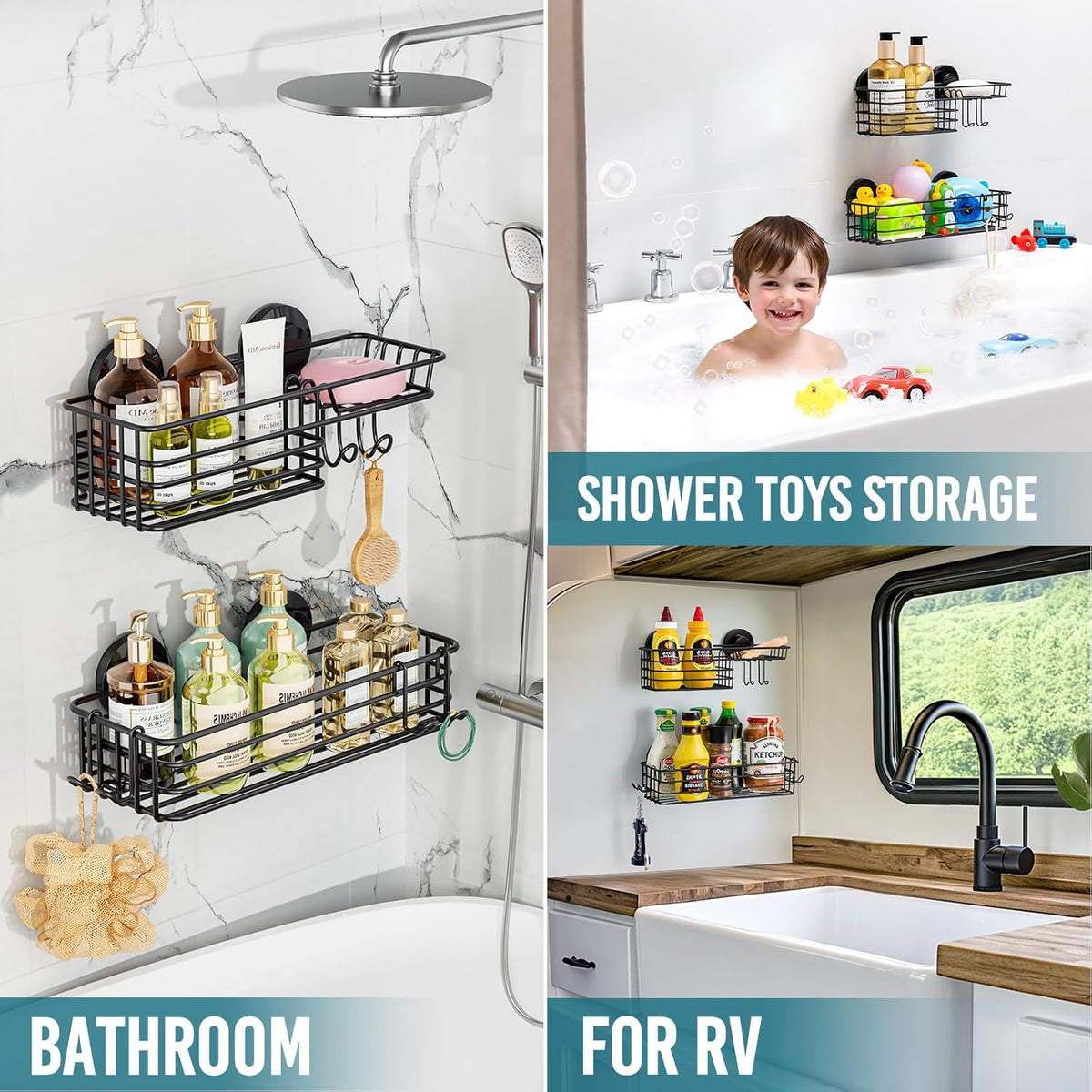 TAILI Shower Caddy Suction Cup 2 Pack with Hooks & Soap holder, Heavy Duty Shower Organizer for Bathroom, No Drilling Bathroom Organizer with Large Capacity, Black Metal Storage Basket