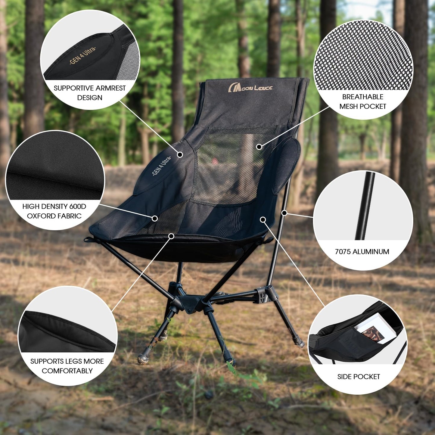 MOON LENCE High Back Folding Camping Chair, 330lbs Portable Compact Chair with Wide Seat & Ergonomic Back Support (Black)