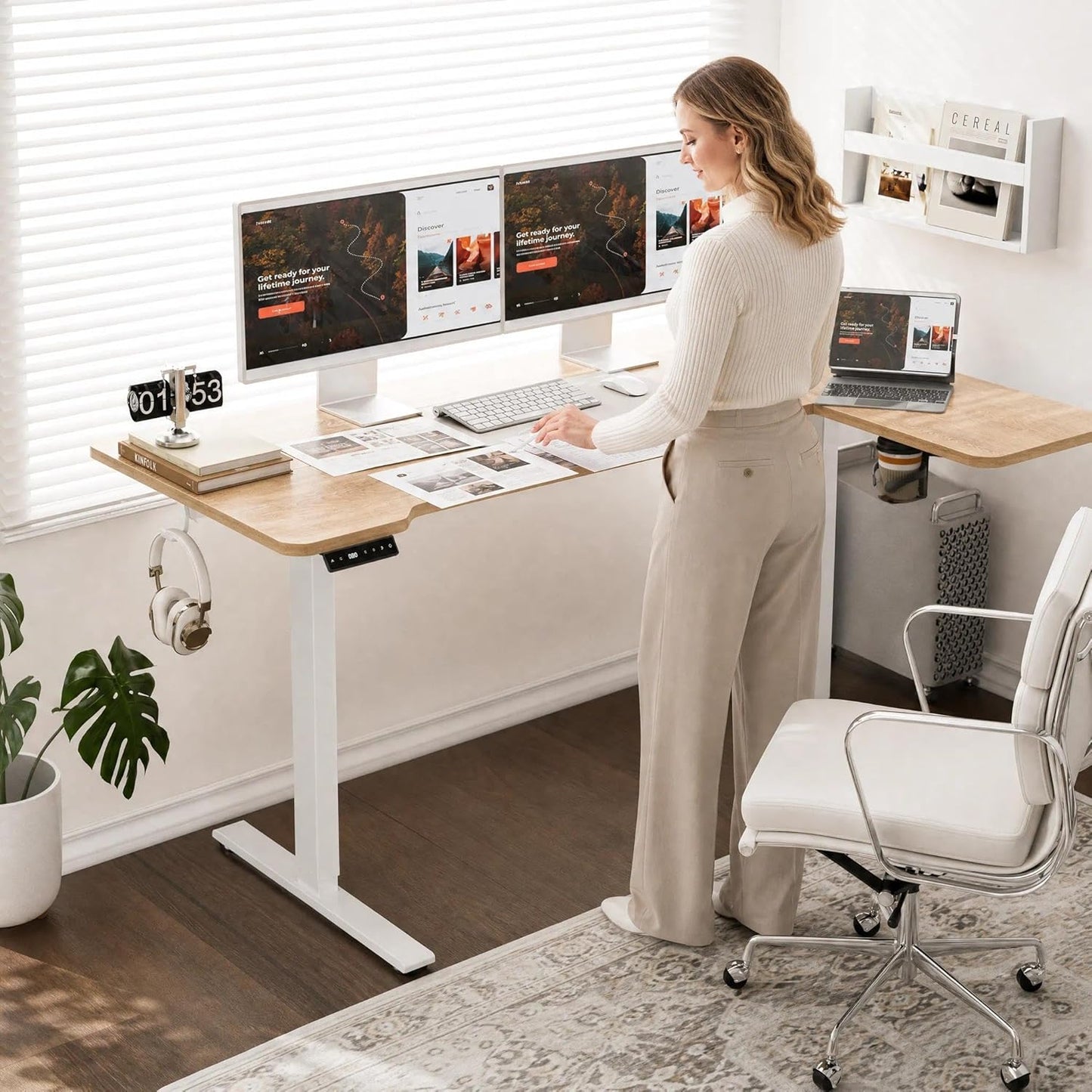 Acrolix L Shaped Electric Standing Desk - 59x40 Inch Reversible Corner Sit Stand Desk with Hook&Cup Holder,Electric Height Adjustable Table,for Home Office Gaming Computer Desk, Oak