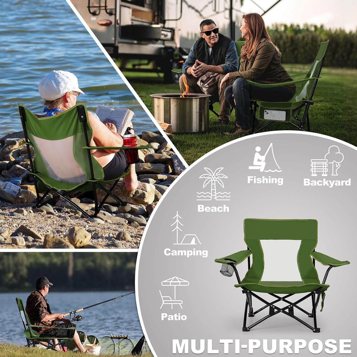 Joyfair Beach Camping Chair (2 Pack), Outdoor Folding Chair for Adults, Heavy Duty Portable Chair for Outside Fishing, Lawn, Sport, Patio, Armrest Cup Holder & Storage Pocket, Carry Bag (Green)