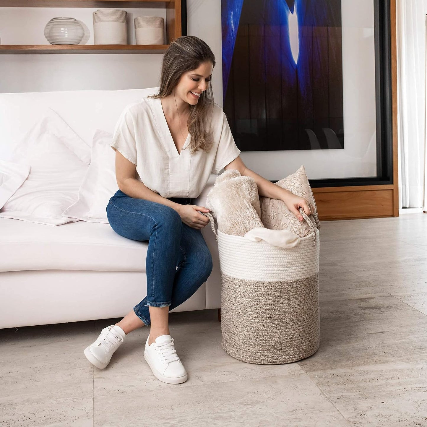 OrganiHaus Tall Cotton Rope Laundry Basket & Hamper, Blanket Storage 52L | Brown / Off-White - Tall Cotton Rope Hamper, 52L