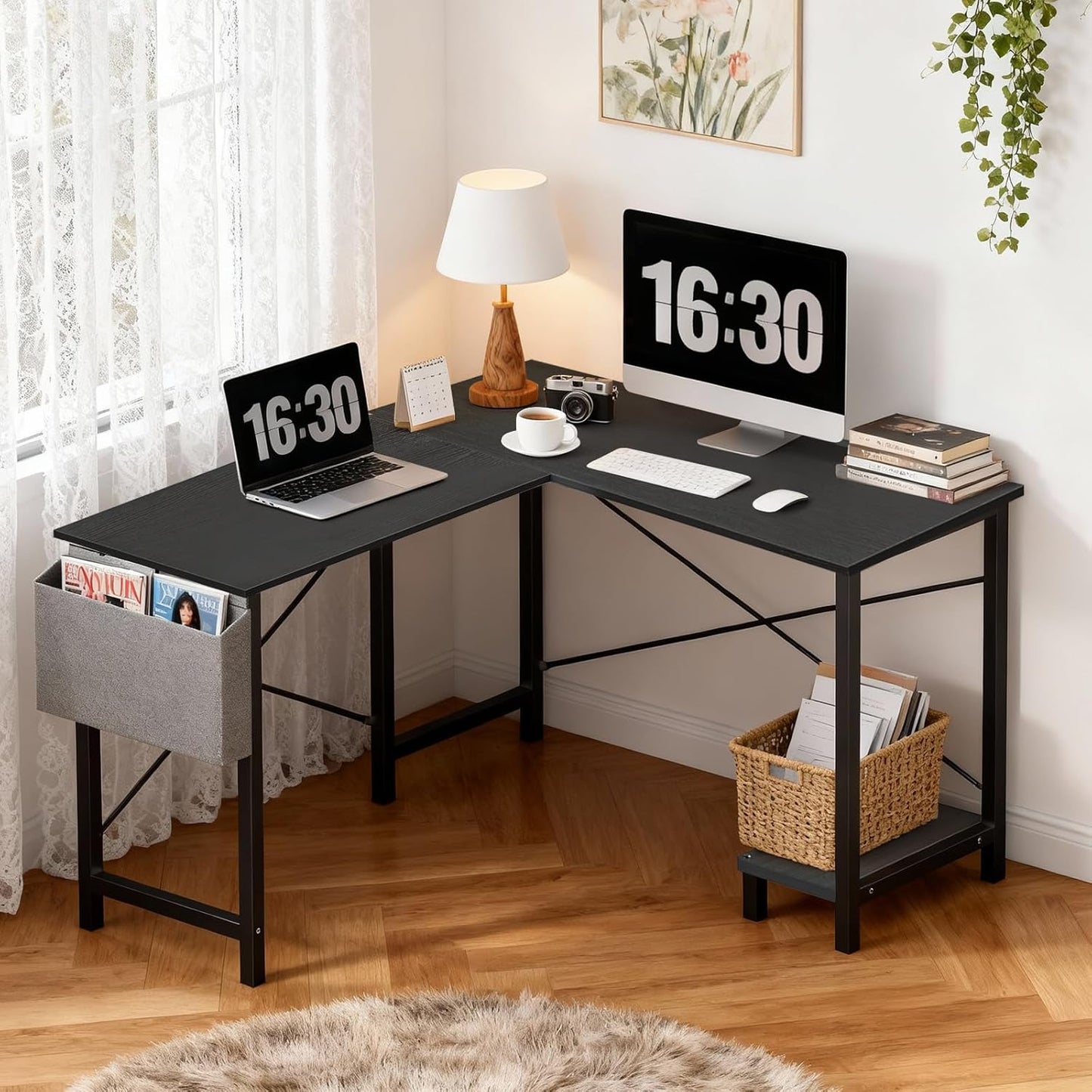 OLIXIS L Shaped Desk, 50-Inch Office Computer Gaming Desks Corner PC Table with Side Bag and Reversible Shelf for Home Work Study Writing Black