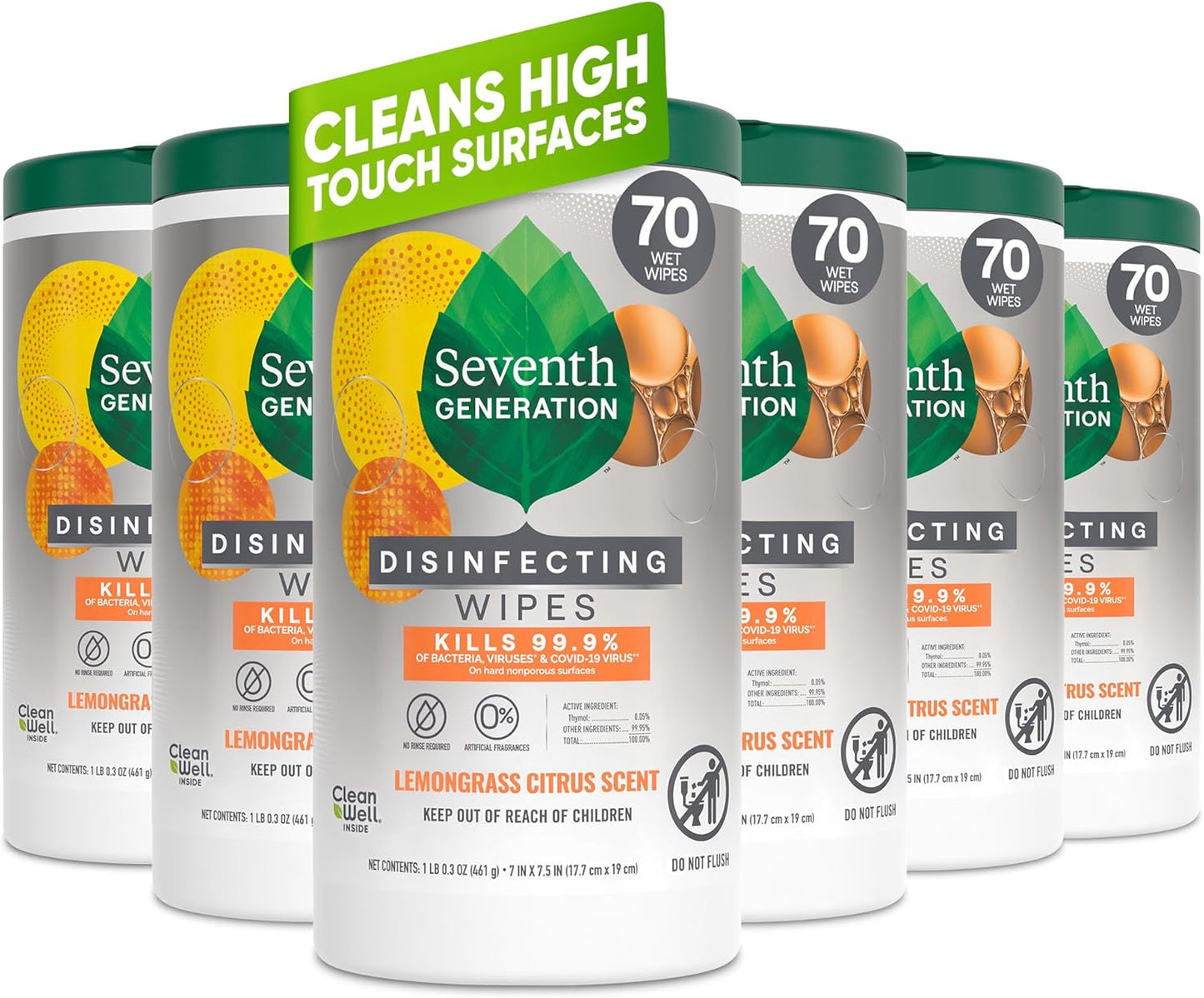 Seventh Generation Disinfecting Wipes, Lemongrass Citrus, 70 Count, 6 Pack, Botanical Multi-Surface Cleaner Kills 99.9% Germs, No Bleach, Plant-Based Formula for Home, Kitchen, Bathroom, Car Interior