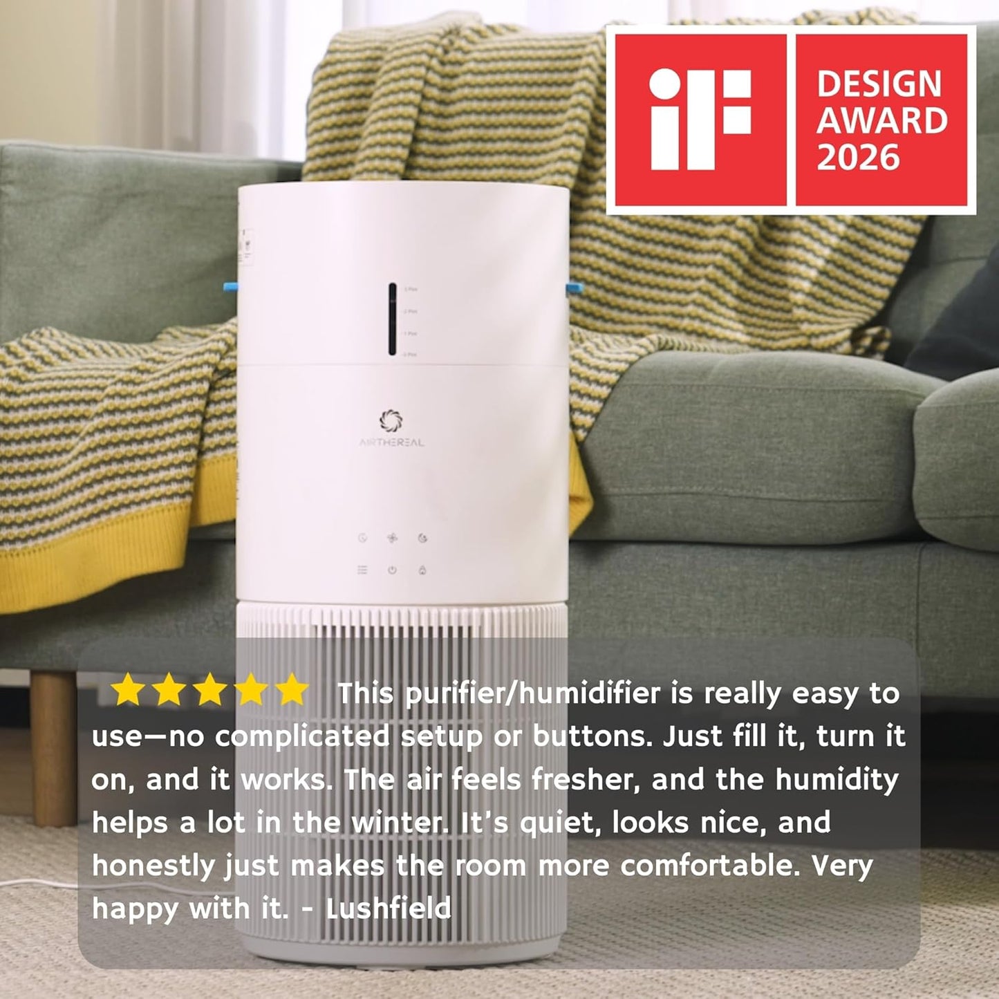 Airthereal 2-in-1 Air Purifier & Humidifier Combo for Large Room up to 1200 ft², 3-Stage Filters, Air Quality Monitor and Quiet Sleep Mode, Evaporative Humidifier with Hygrometer, iF Design Award 2026