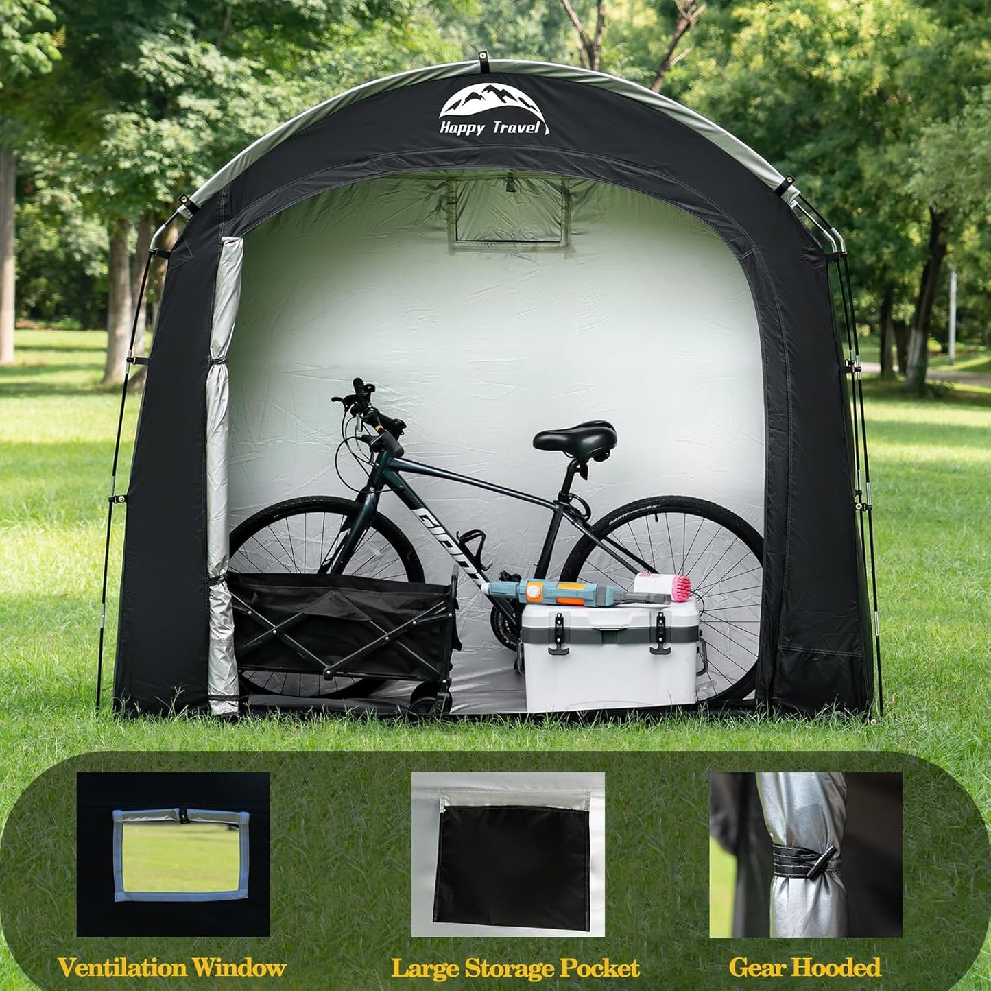 Happy Travel Bike Storage Shed Tent, Waterproof Portable Bicycle Cover with 30% More Top Storage Space for 2/3/4/5 Bikes,Clips Easy Setup Outdoor Sheds Shelter for Motorcycle, Garden Tools, Lawn Mower