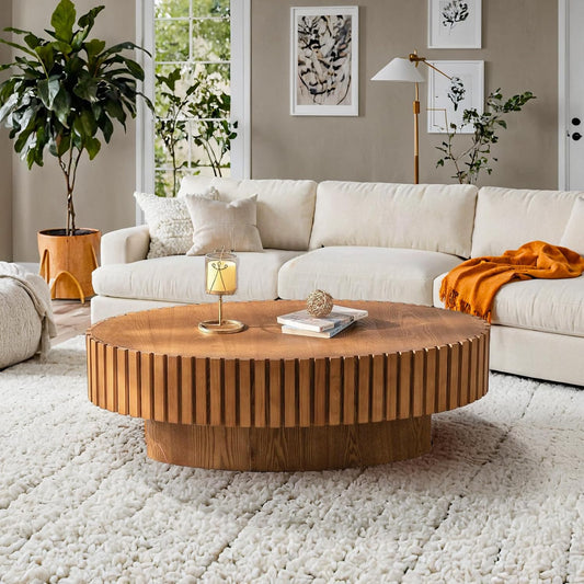 Handmade Oval Grooved Drum-Shaped Coffee Table (C Wood 43in) | Rustic Modern Circular Centerpiece for Living Room & Farmhouse Decor、Easy to Clean