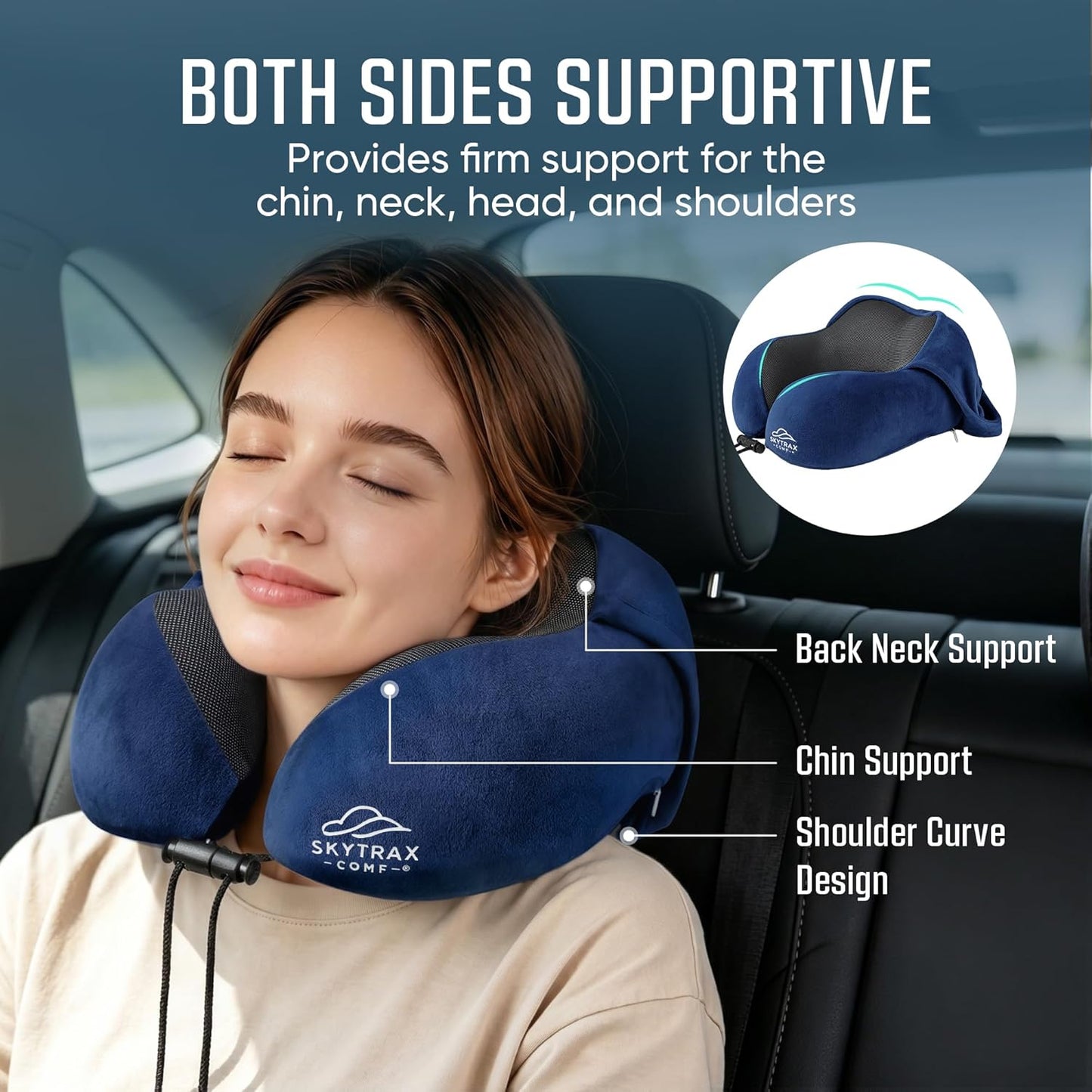 Travel Pillow with Extra Large Hood for Airplane Long Flights Privacy and Comfort Memory Foam with Velvet Cover for Road Trip Head&Neck Support for Plane Office Cars Sleeping & Rest (Navy Blue)