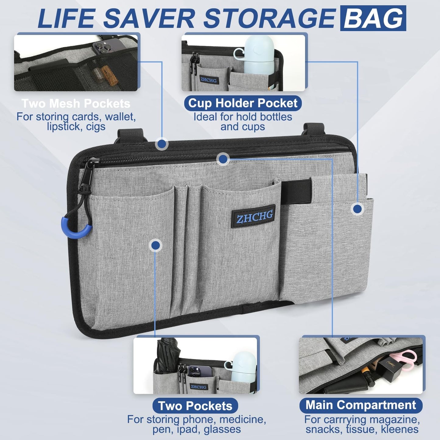 ZHCHG Wheelchair Side Bag with Cup Holder, Wheelchair Armrest Pouch Accessories for Walker, Rollator, Electric Scooter Wheelchairs, Ideal Gift for Mother's Day & Father's Day