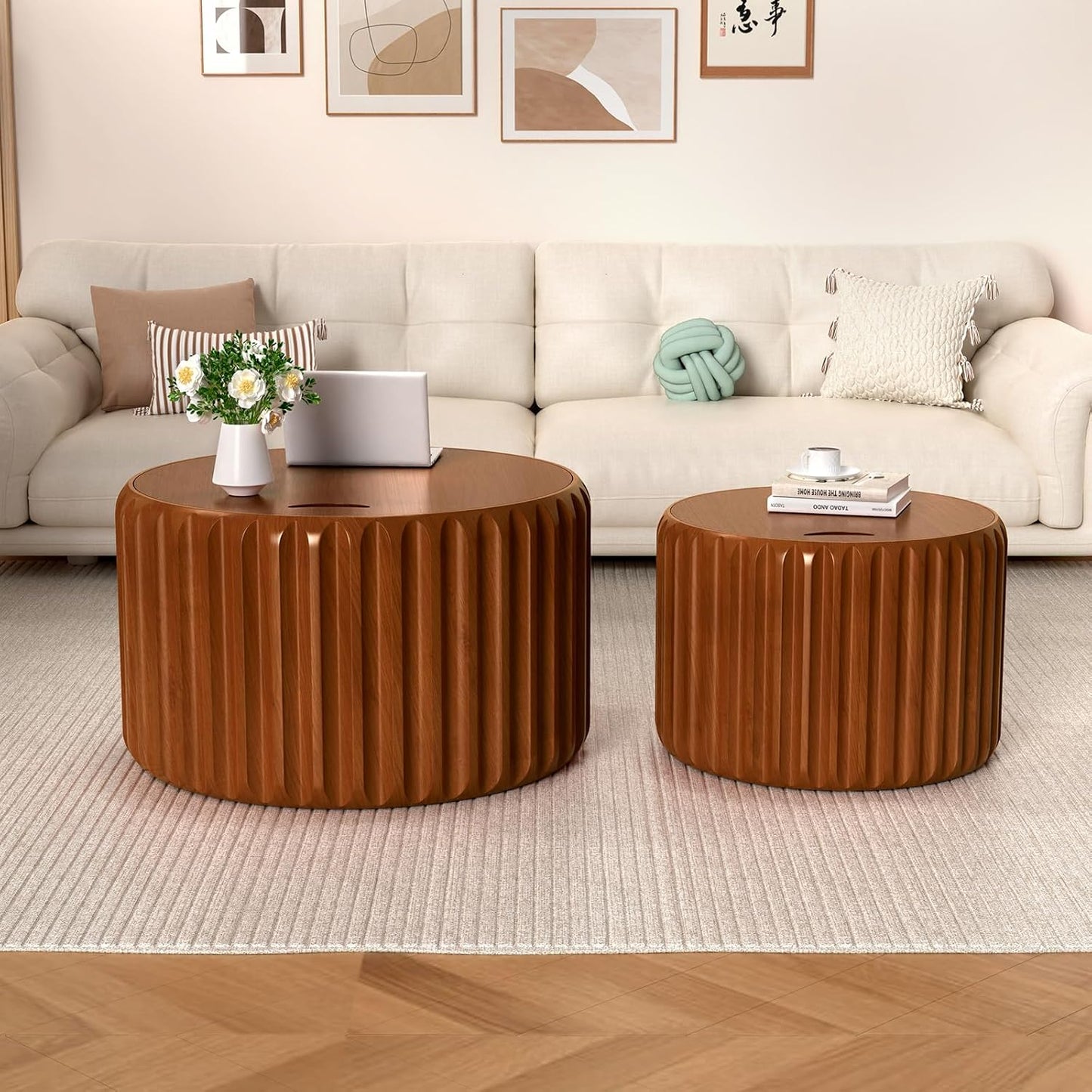 Round Fluted Nesting Coffee Table Set of 2 with Storage (Brown set of 2) | Wooden Coffee Table with Removable Lid Modern Handcraft Drum Accent End Table for Living Room Small Space Apartment