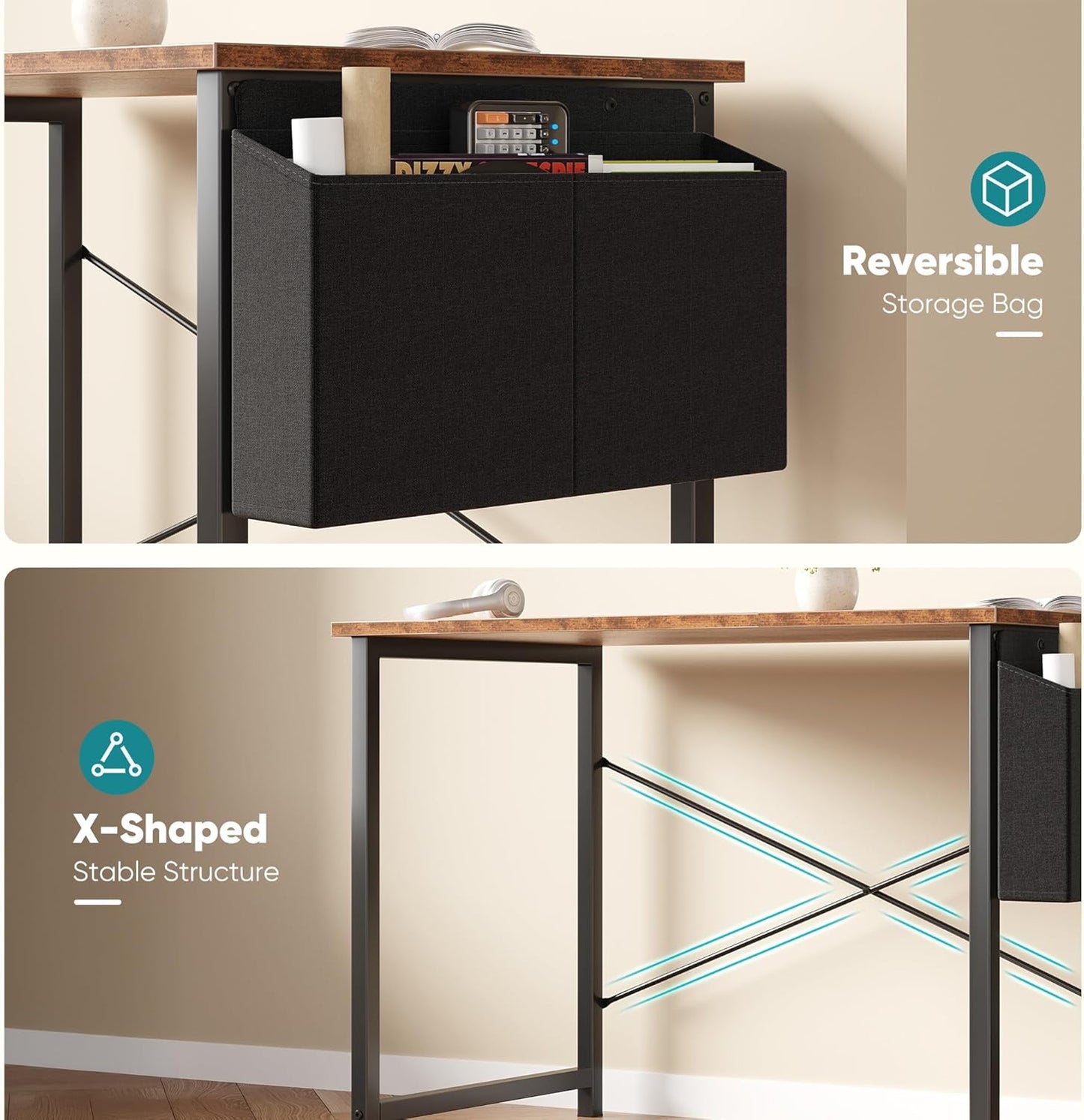 OLIXIS Computer Desk 40 Inch Home Office Desks for Small Spaces, Gaming Writing Study Work Table with Storage Bag and Headphone Hook for Bedroom, Rustic Brown
