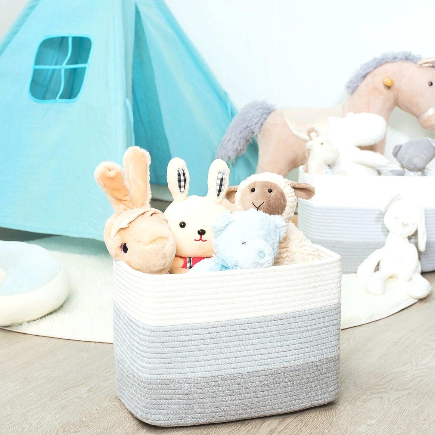 MINTWOOD Design 3-Pack Storage Baskets for Shelves, Playroom and Classroom, Book Basket, Decorative Storage Cube Bins, Woven Closet Organizers, Pantry and Shoe Organizer, 3-Tone Grey