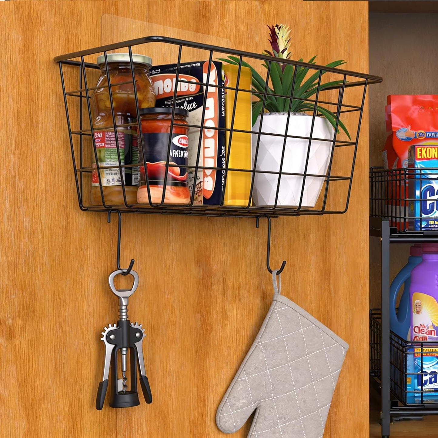MaraFansie Hanging Kitchen Baskets Wire Storage Basket Over the Cabinet Door Organizer, No Drilling Adhesive Basket for Cabinet Pantry Organization and Kitchen, Bathroom, Storage, 2 Pack, Black