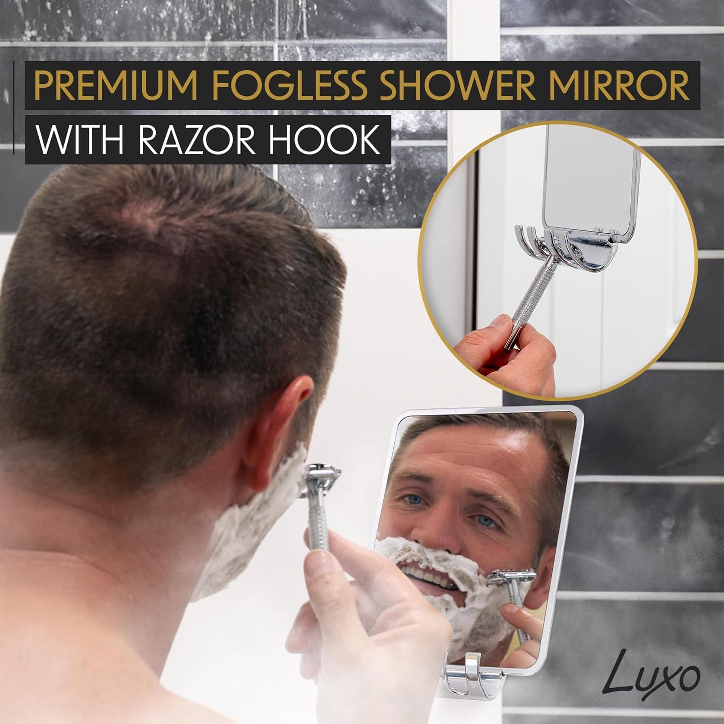 Luxo Shower Mirror, Shower Mirror fogless for Shaving with a Removable Razor Holder - Shaving Mirror for Shower with a Powerful Suction Cup - Shatterproof fogless Mirror for Shower (Chrome)