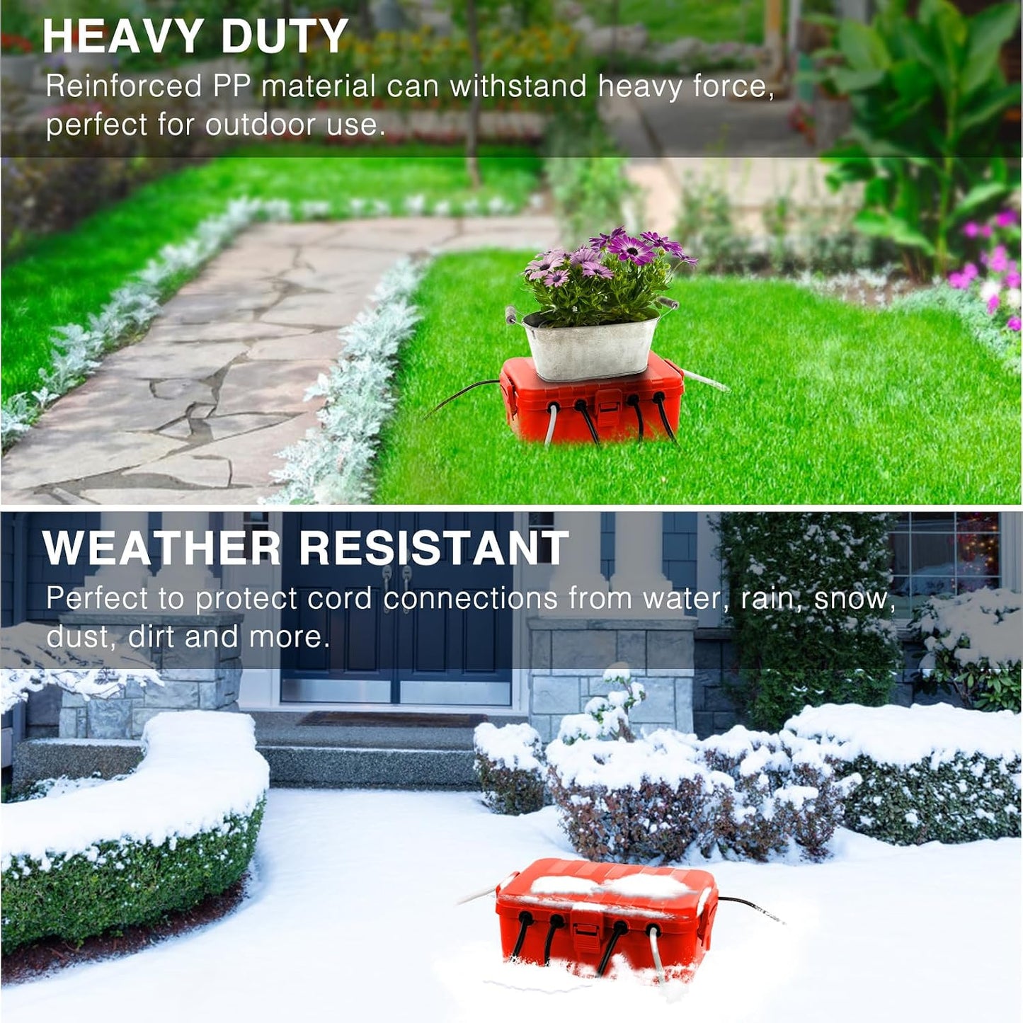 Flemoon Large Outdoor Electrical Box, Waterproof Extension Cord Cover | Inner Size 12 x 7.4 x 3.9 Inch, 6 Cable Entry Ports, IP54 Weatherproof Connection Box for Outlet, Timer, Holiday Light, Red
