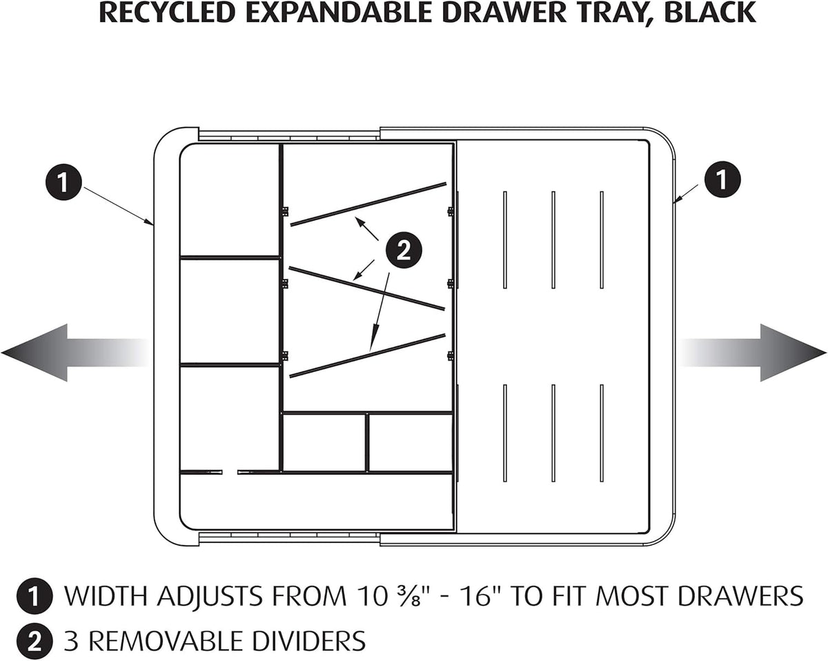 Officemate Expandable Drawer Organizer Tray, Adjustable 10.3"–16" Width, Customizable Compartments with Dividers, Recycled Plastic, Black