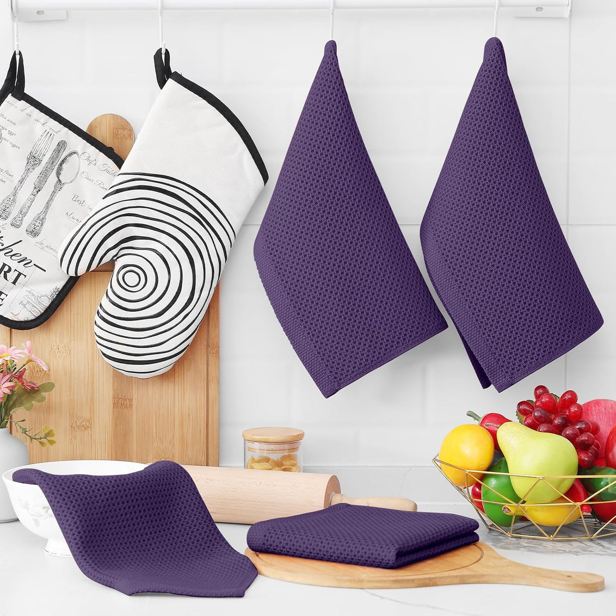 Homaxy 100% Cotton Waffle Weave Kitchen Dish Cloths 6-Pack, Eggplant