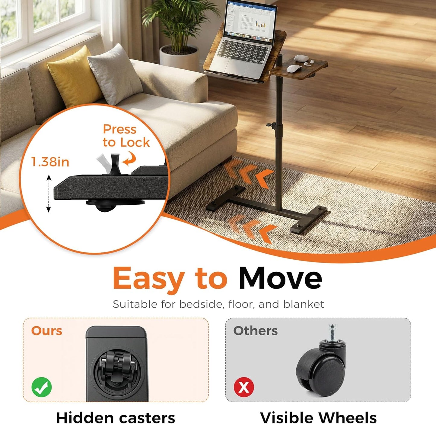 Aothia Small Standing Desk Rolling Table Adjustable Height, Laptop Mobile Stand with Wheels, Overbed Table, Portable Computer Workstation with Tiltable Desktop for Teacher Classroom Home Office, Brown