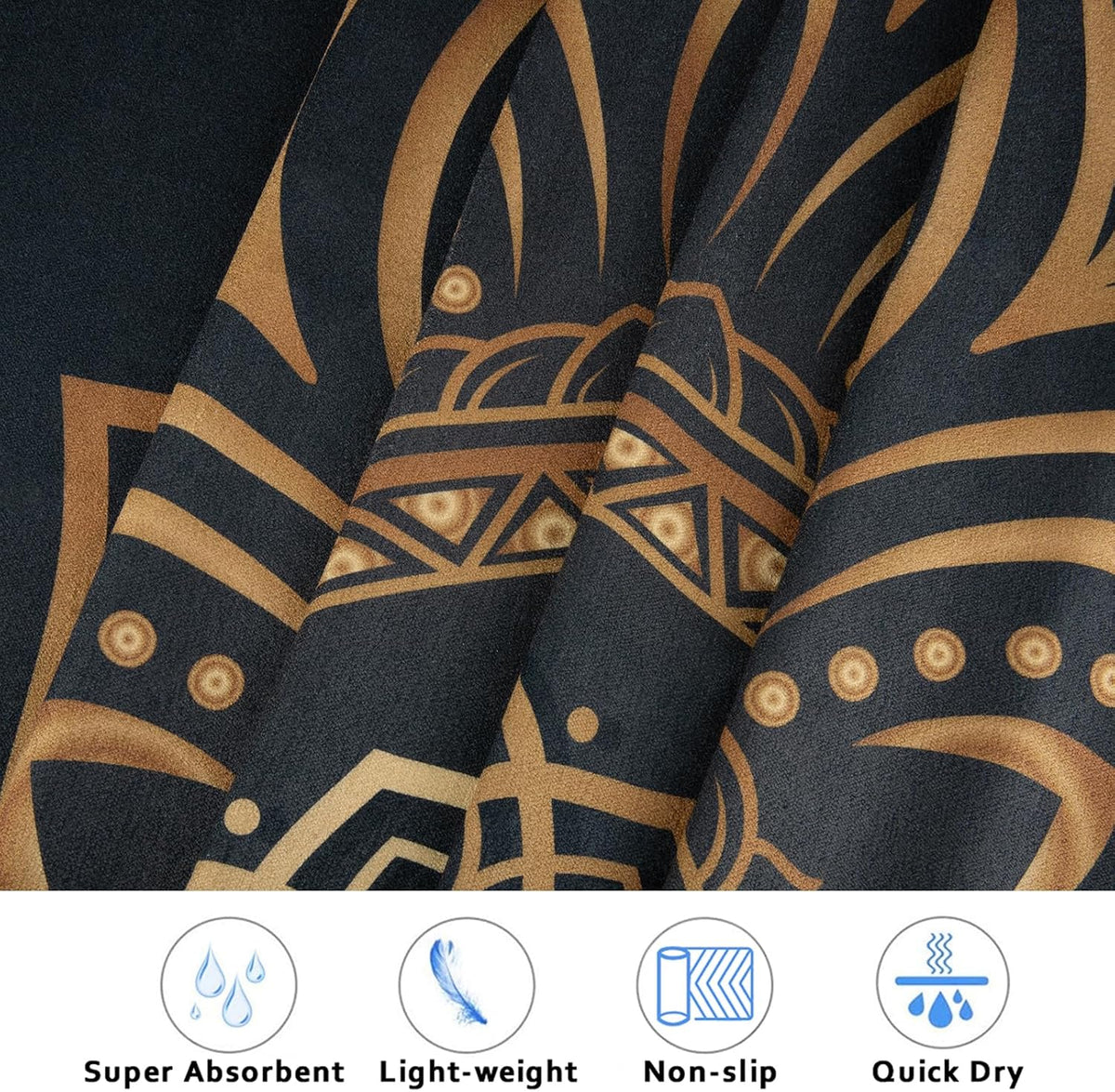 Hot Yoga Towel with Grip Dots, Non Slip, 74"x26", Gold Mandala