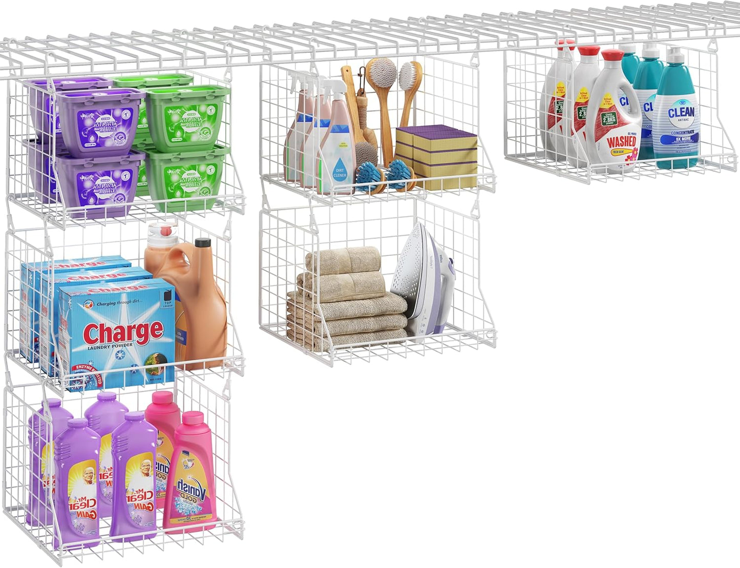 3-Tier Foldable Laundry Basket Organizer with Rotating Hooks - Space-Saving Over Washer and Dryer Shelf for Laundry Room Organization and Storage, Durable Wire Shelving Unit, White