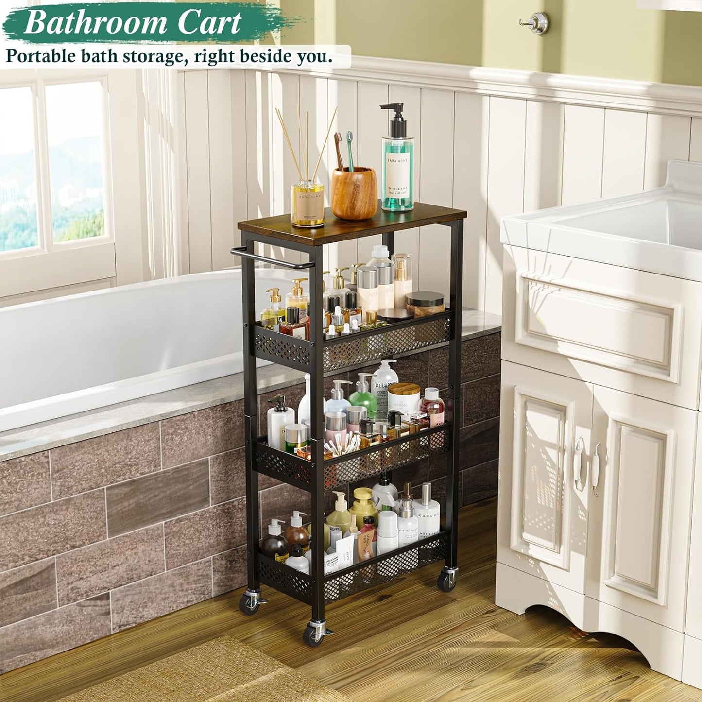 OKZEST Utility Slim Storage Cart, 4-Tier Narrow Bathroom Organizer and Storage Cart, Metal Narrow Kitchen Laundry Room Organization Rack with Wood Top, Slim Rolling Shelf with Wheels for Small Space
