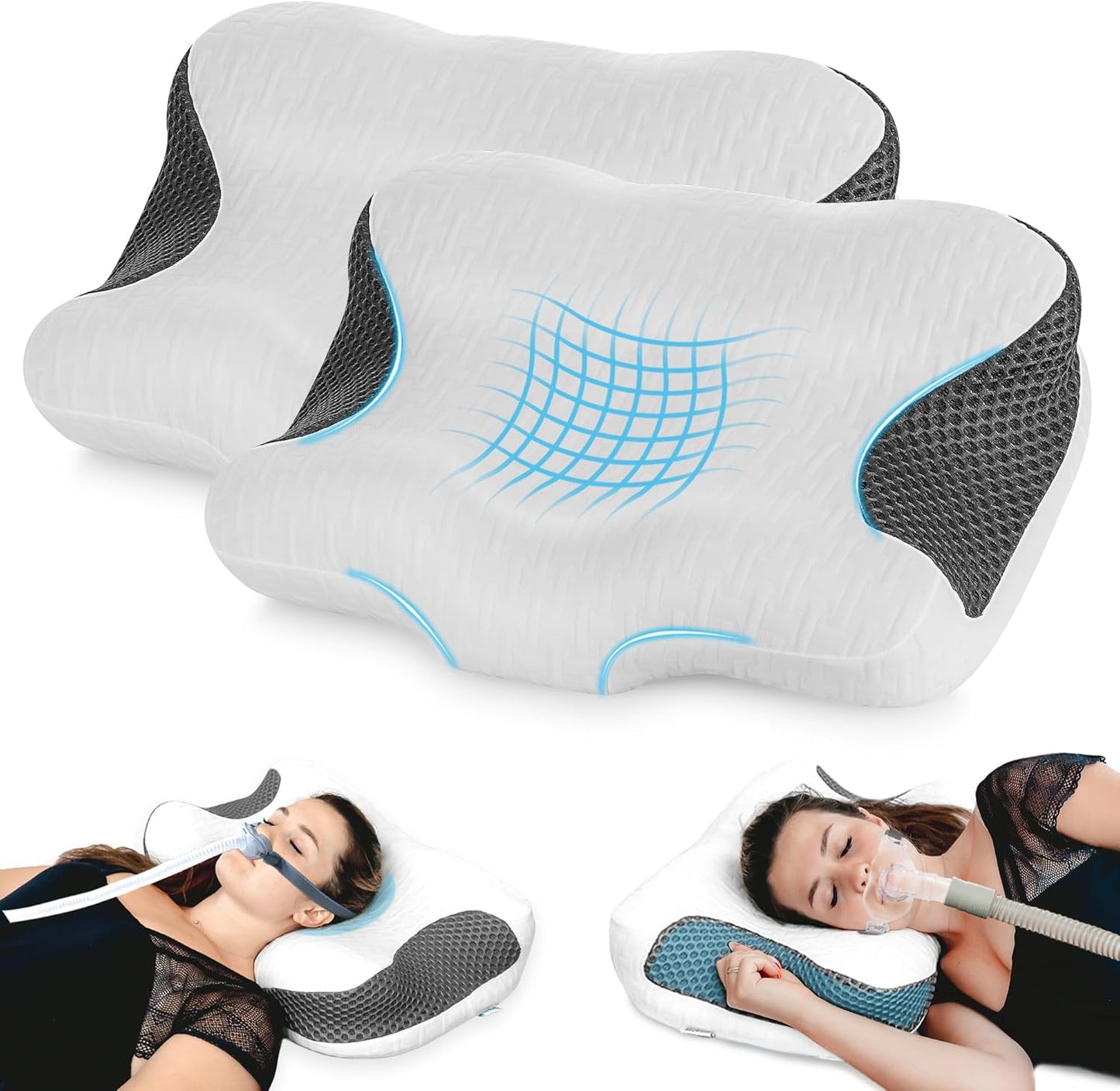 Elviros 2 Pack CPAP Pillow for Sleeping, Ergonomic Adjustable Height Neck Support Memory Foam Bed Pillow for CPAP Users with Sleep Apnea, Suitable for Side and Back Sleepers