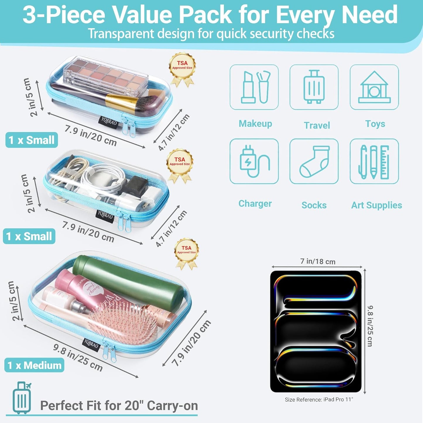 YQBRAO 3-Pack Clear Hard Shell Zipper Case - Blue Edition, 1.2mm Heavy-Duty Crush-Proof Travel Makeup Bag, TSA Approved Clear Zipper Pouches, Rigid Diaper Bag Organizer for Tech & Daily Essentials