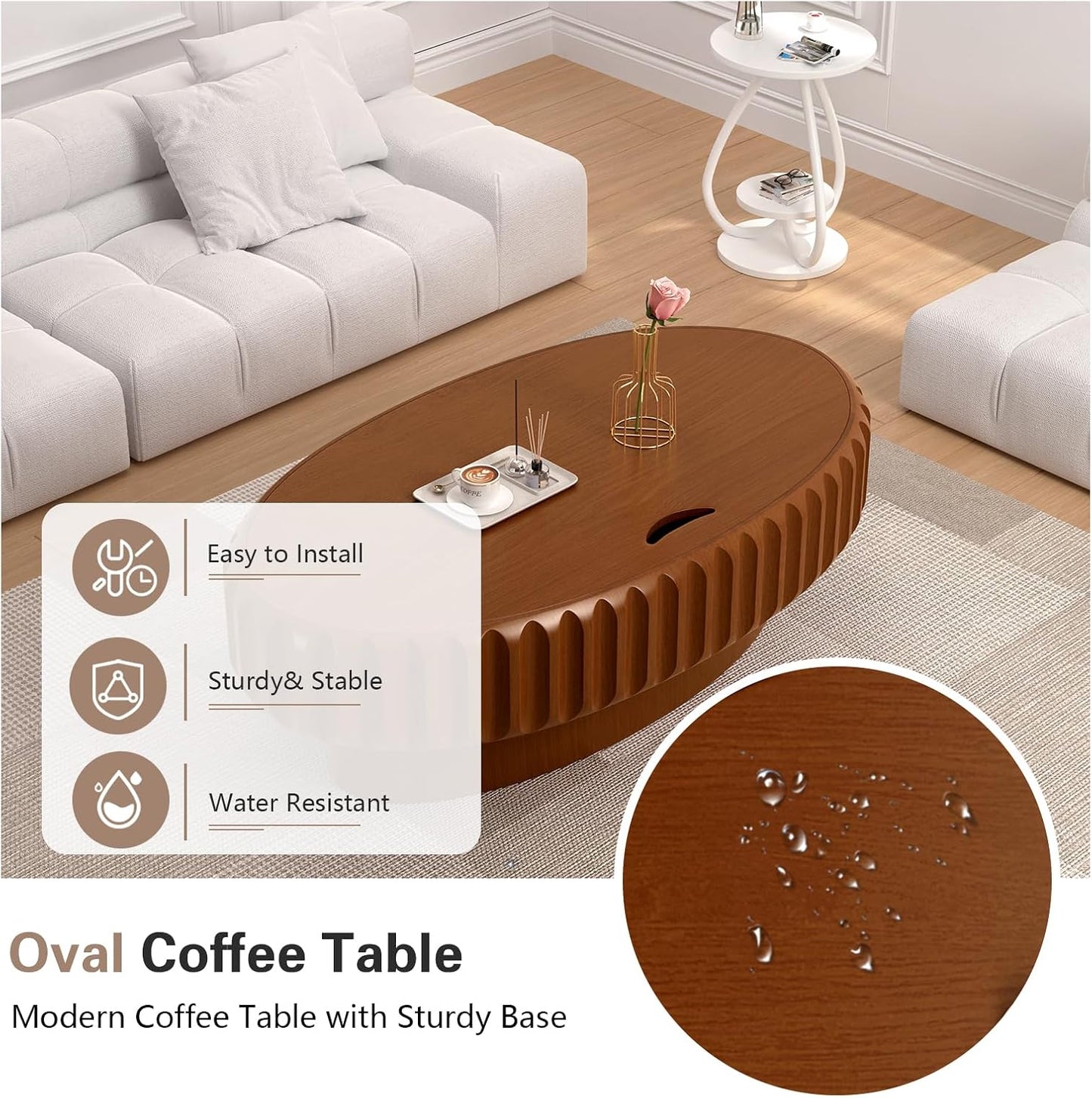 43.3 in Brown Oval Drum Coffee Table with Storage | Modern Oval Fluted Storage Center Table Handcrafted Solid Wood Fluted Edge, Sturdy Oval Base For Living Room, Apartment