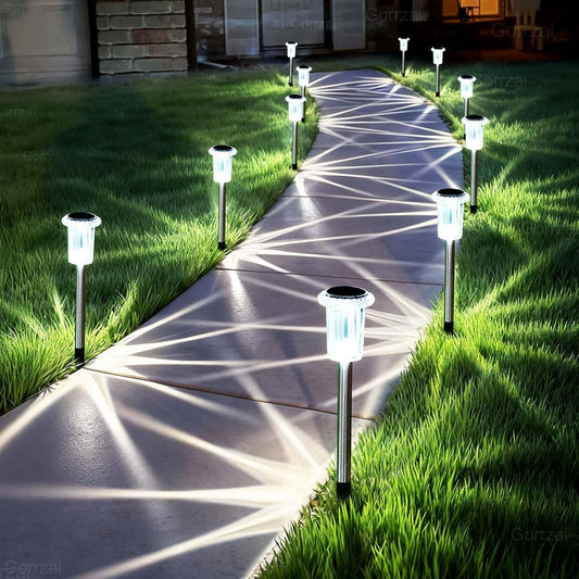 Solar Pathway Lights 10 Pack Solar Lights Outdoor Waterproof 6000K Cold White Yard Lighting, LED Stainless Steel Stake for Garden Outside Landscape Lawn Driveway Walkway Path