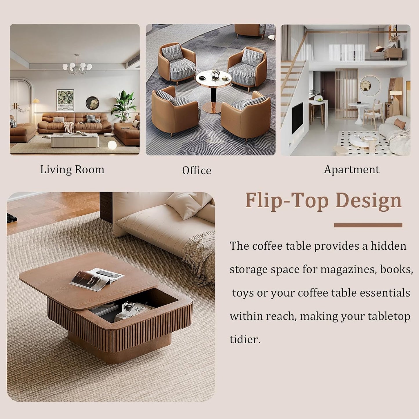 31.5" Square Coffee Table with Hidden Storage Compartment, Modern Handcraft Fluted Drum Coffee Table, Wooden Square Center Table Cocktail Tea Table with Sturdy Pedestal for Living Room,Walnut