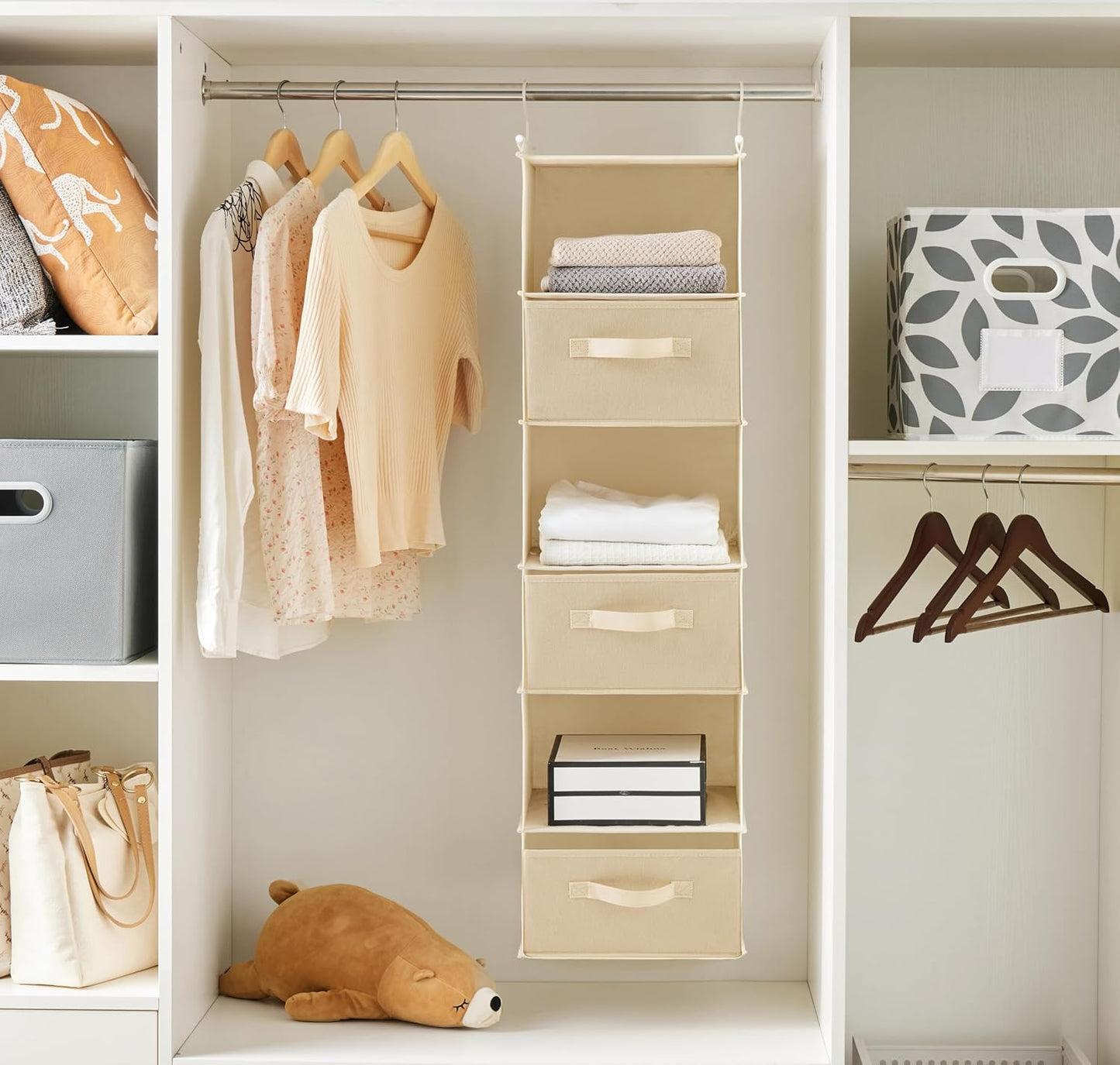 MAX Houser 6 Tier Shelf Hanging Closet Organizer, Closet Hanging Shelf with 2 Sturdy Hooks for Storage, Foldable (Beige-D3)