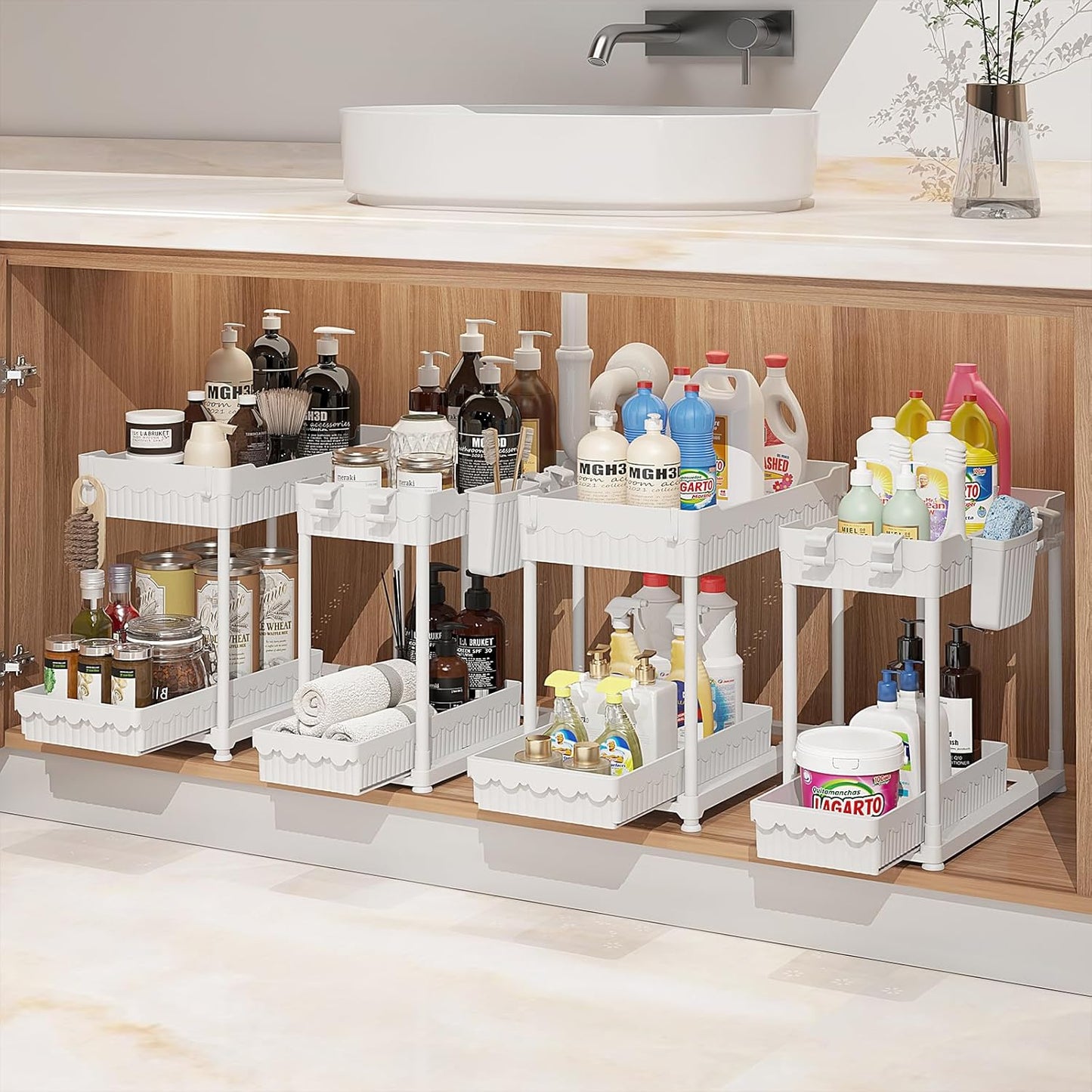Sevenblue Under Sink Organizer, Bathroom Organizers and Storage, 2 Tier Multi-Use Pull Out Cabinet Organizer with Hang Hooks and Cups (transparent, 4 Pack)