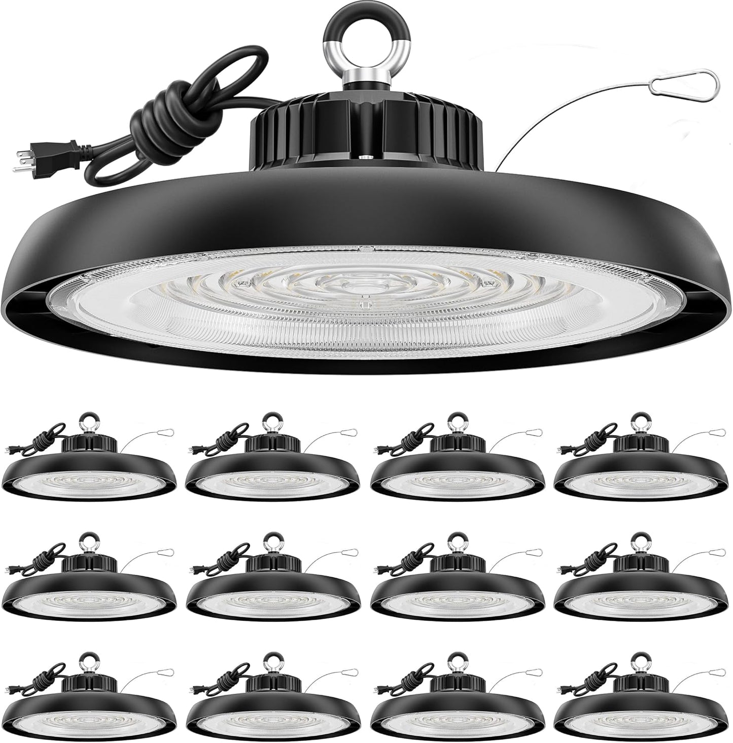 12Pack 150W Super Bright 22500LM UFO LED High Bay Light AC100-277V 5000K High Bay LED Shop Lights with Hook 5'Cable & US Plug for Warehouse Workshop Garage