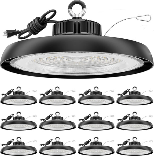 12Pack 150W Super Bright 22500LM UFO LED High Bay Light AC100-277V 5000K High Bay LED Shop Lights with Hook 5'Cable & US Plug for Warehouse Workshop Garage