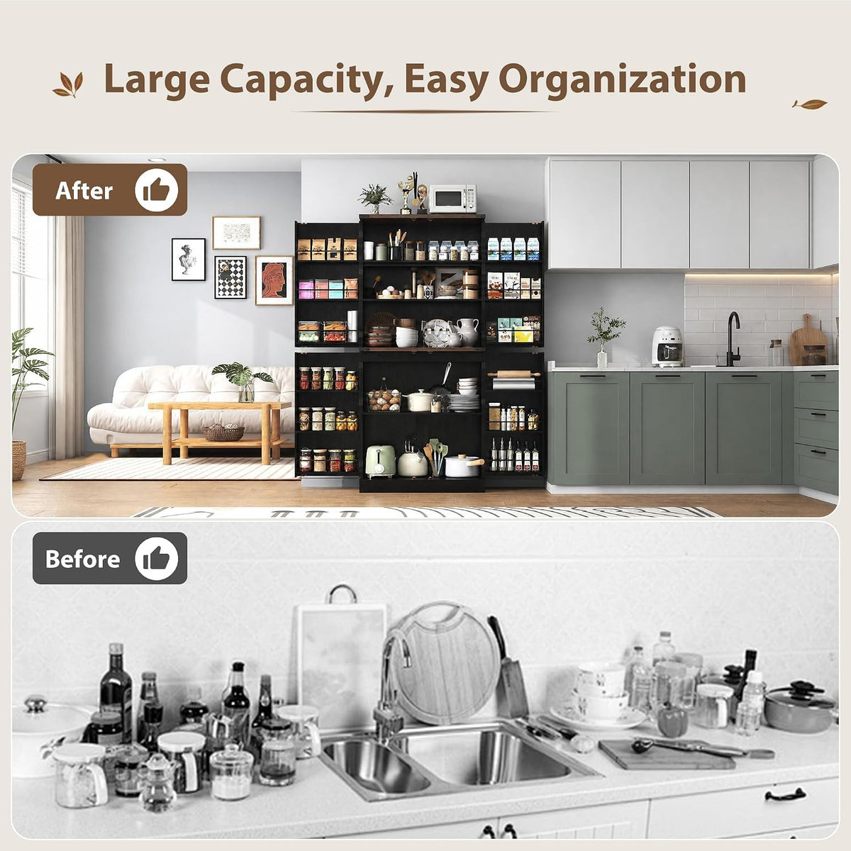 71" Tall Kitchen Pantry Cabinet, Farmhouse Tall Kitchen Storage Cabinet with Adjustable Shelves & 4 Barn Style Doors, Wooden Storage Cabinet for Kitchen, Dining Room, Living Room, Bathroom, Office