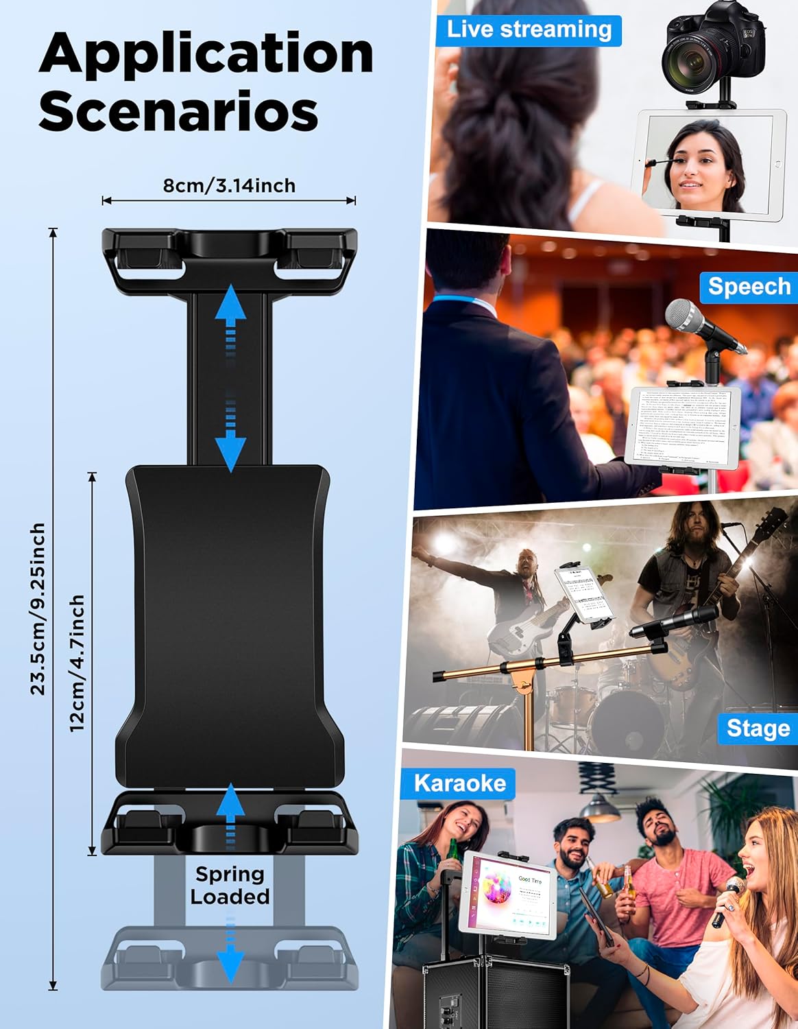Tablet Holder for Mic Stand with Power Bank Clip - Adjustable iPad/iPhone Mount for Music Stand, Compatible with Screen Devices from 4.7-13.5" Smartphones, Android - Outdoor Streaming & Recording