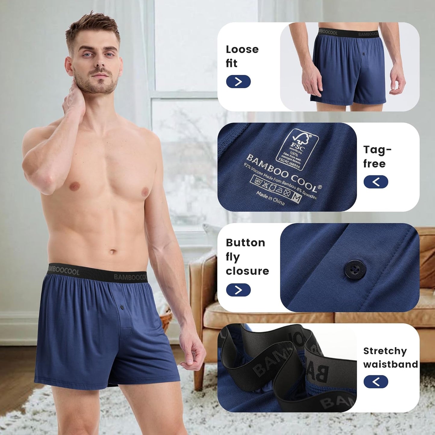 BAMBOO COOL Mens Boxer Shorts Underwear Soft Comfortable Breathable Knit Boxers Short for Men (3 or 5 Pack)