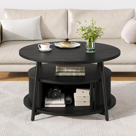 ONBRILL 31.5" Round Coffee Table with Storage and 2 Tiers, Black | Mid-Century Modern Center Table with 2 Sliding Doors and Adjustable Footpad for Living Room