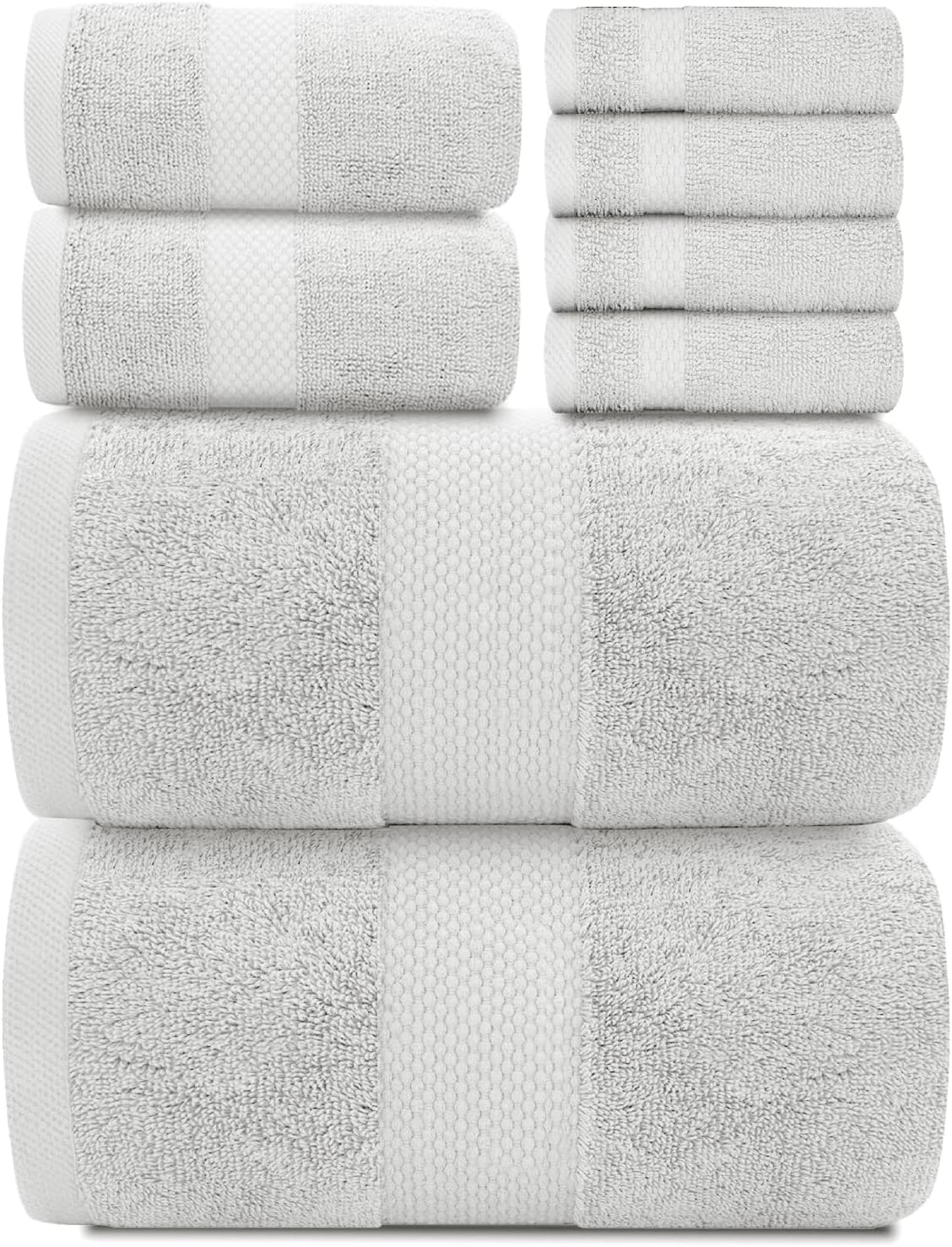 White Classic Luxury Bath Towel Set of 8 Pieces - 100% Turkish Cotton Highly Absorbent Towels for Bathroom, 2 Luxury Bath Towels 700GSM, 2 Hand Towels, 4 Washcloths, Dolphin Gray